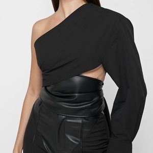 One Sleeve Vegan Leather Wrap Top Maniere De Voir